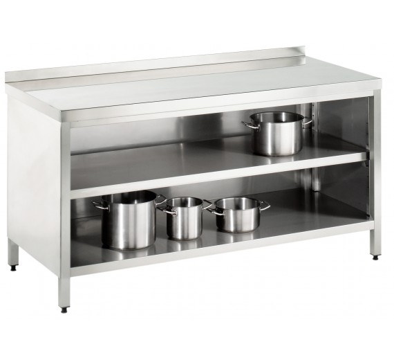 Arbejdsskab af rustfrit stål 1500 x 800 PRO åbent med bagkant