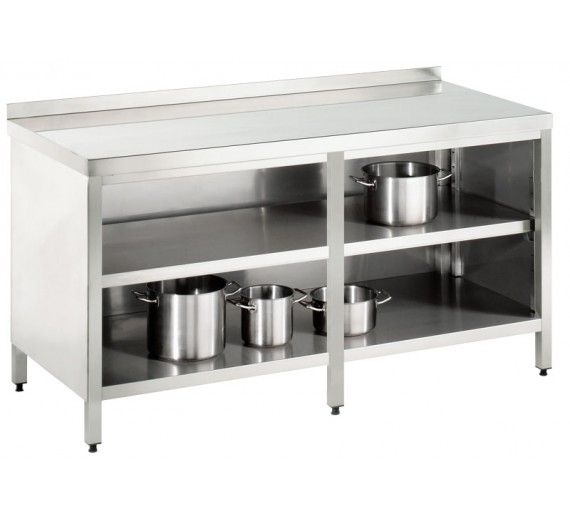 Arbejdsskab af rustfrit stål 2200 x 600 PRO åbent med bagkant