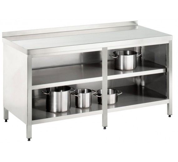 Arbejdsskab af rustfrit stål 2200 x 800 PRO åbent med bagkant