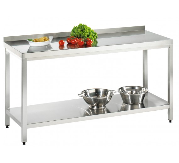 Arbejdsbord af rustfrit stål 1400 x 800 PRO med hylde og bagkant