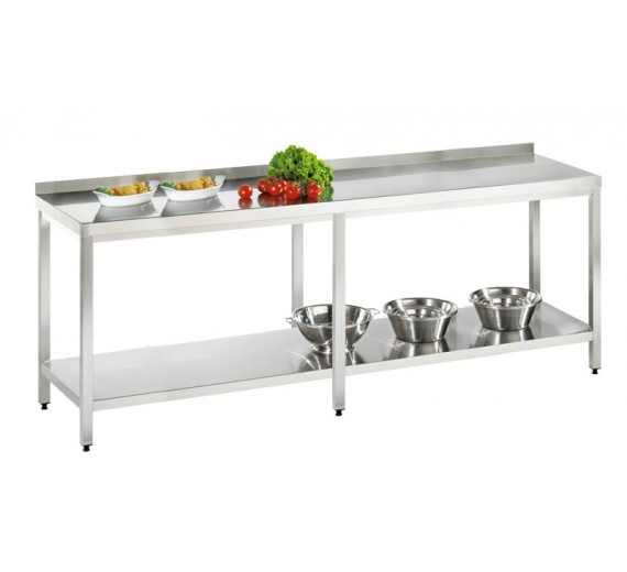 Arbejdsbord af rustfrit stål 2700 x 800 PRO med hylde og bagkant