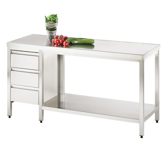 Arbejdsbord af rustfrit stål 1500 x 600 PRO med skuffe i venstre side