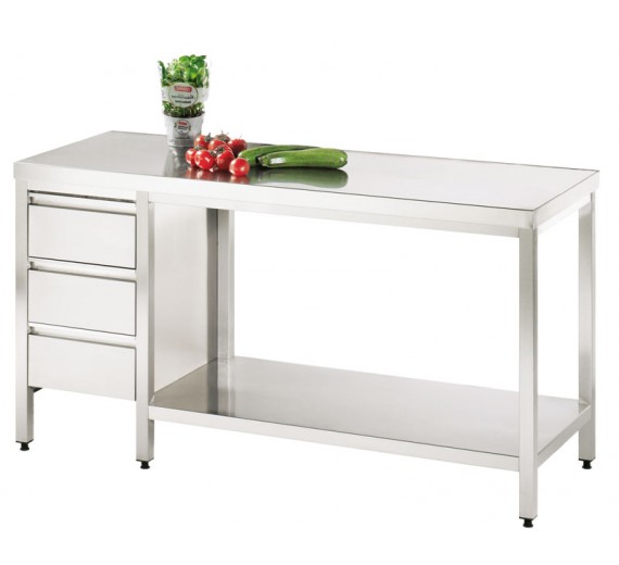 Arbejdsbord af rustfrit stål 2200 x 800 PRO med skuffe i venstre side