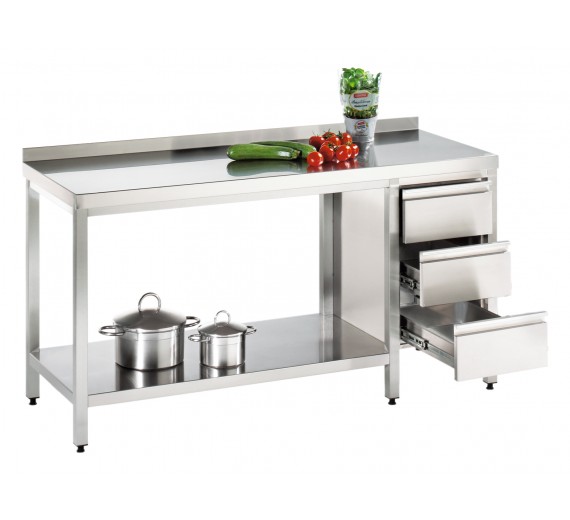 Arbejdsbord af rustfrit stål 2100 x 700 PRO med skuffe i højre side og bagkant
