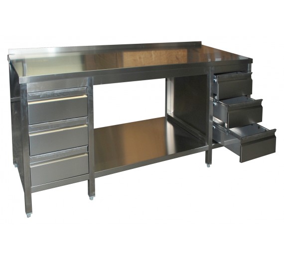 Arbejdsbord af rustfrit stål 1300 x 600 PRO med bagkant og skuffe i højre og venstre side