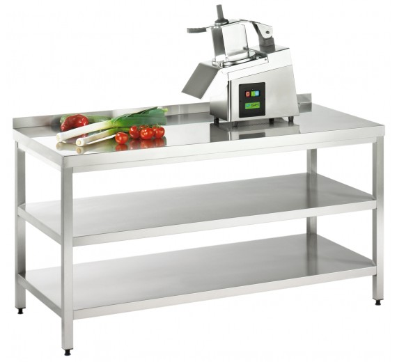 Arbejdsbord af rustfrit stål 2000 x 800 PRO med 2 hylder og bagkant