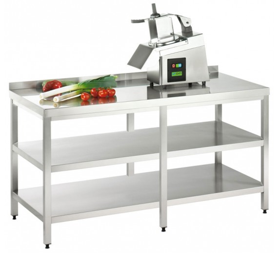 Arbejdsbord af rustfrit stål 2500 x 600 PRO med 2 hylder og bagkant