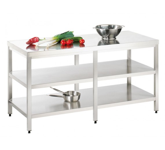 Arbejdsbord af rustfrit stål 2500 x 700 PRO med 2 hylder