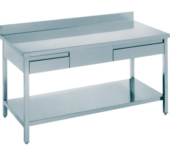 Arbejdsbord af rustfrit stål 1500 x 600 ECO med skuffer og bagkant