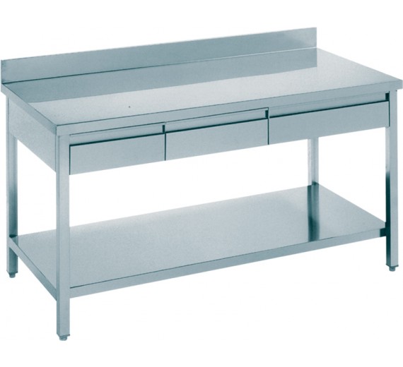 Arbejdsbord af rustfrit stål 1800 x 700 ECO med 3 skuffer og bagkant