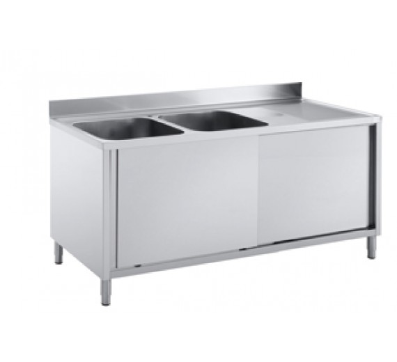 Opvaskeskab af rustfrit stål 1600 x 700 PRO 2 vaske i venstre side