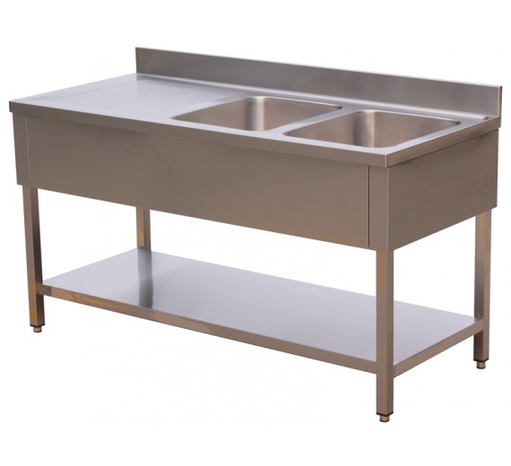 Opvaskebord af rustfrit stål ECO 1600 x 600 med 2 vaske i højre side