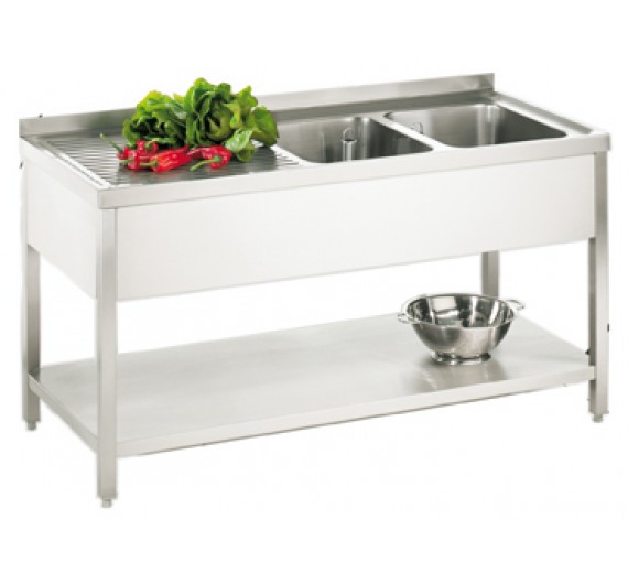 Opvaskebord af rustfrit stål 1500 x 600 PRO med 2 vaske i højre side