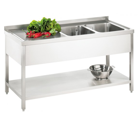 Opvaskebord af rustfrit stål 1600 x 700 PRO med 2 vaske i højre side