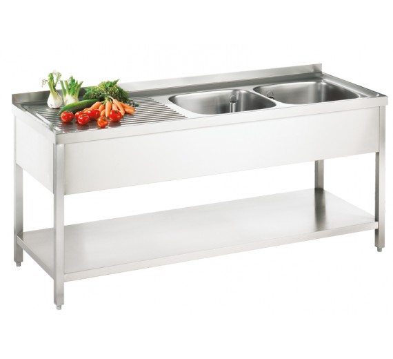 Opvaskebord af rustfrit stål 1900 x 700 PRO med 2 vaske i højre side