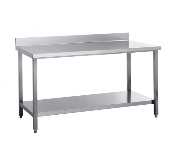 Arbejdsbord af rustfrit stål 700x700 med hylde og bagkant