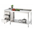 Arbejdsbord af rustfrit stål 2700 x 800 PRO med skuffe i venstre side og bagkant